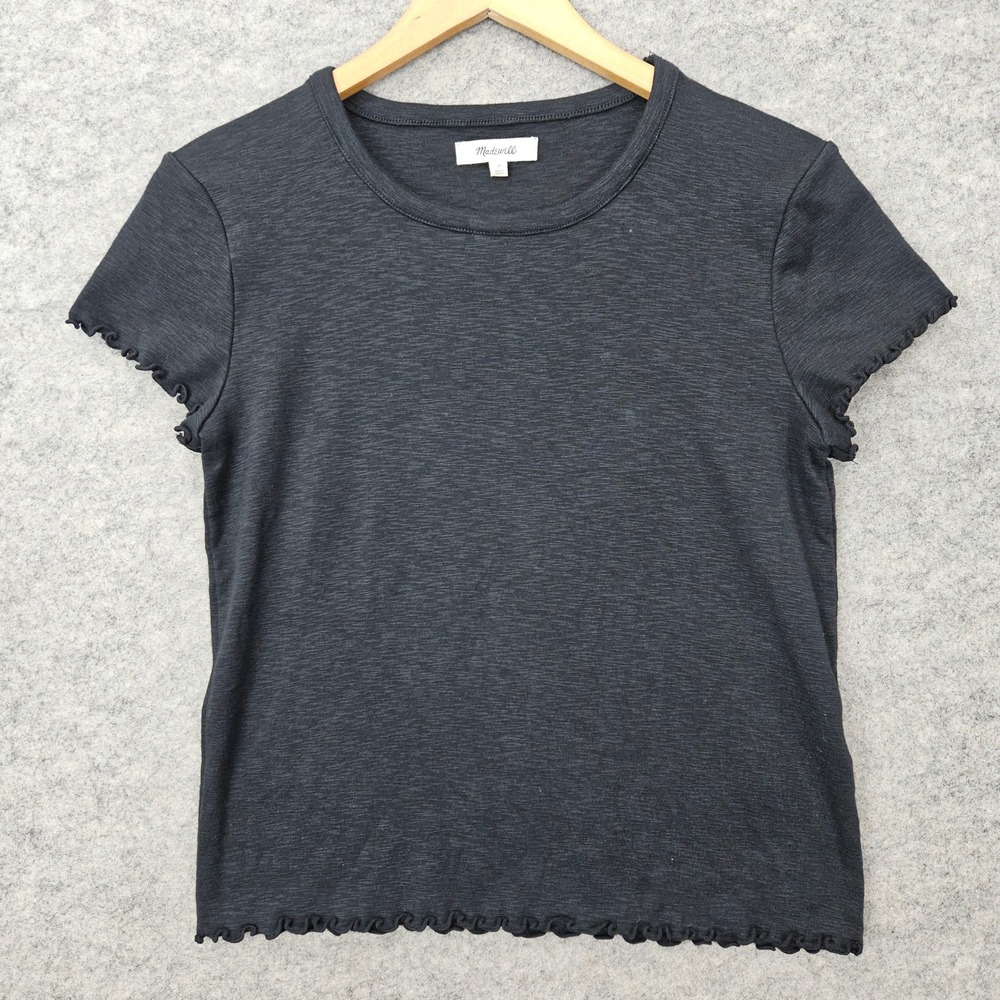 Madewell Baby Tee T-Shirt Women's Medium Black Lettuce Hem Ribbed Slub Heathered